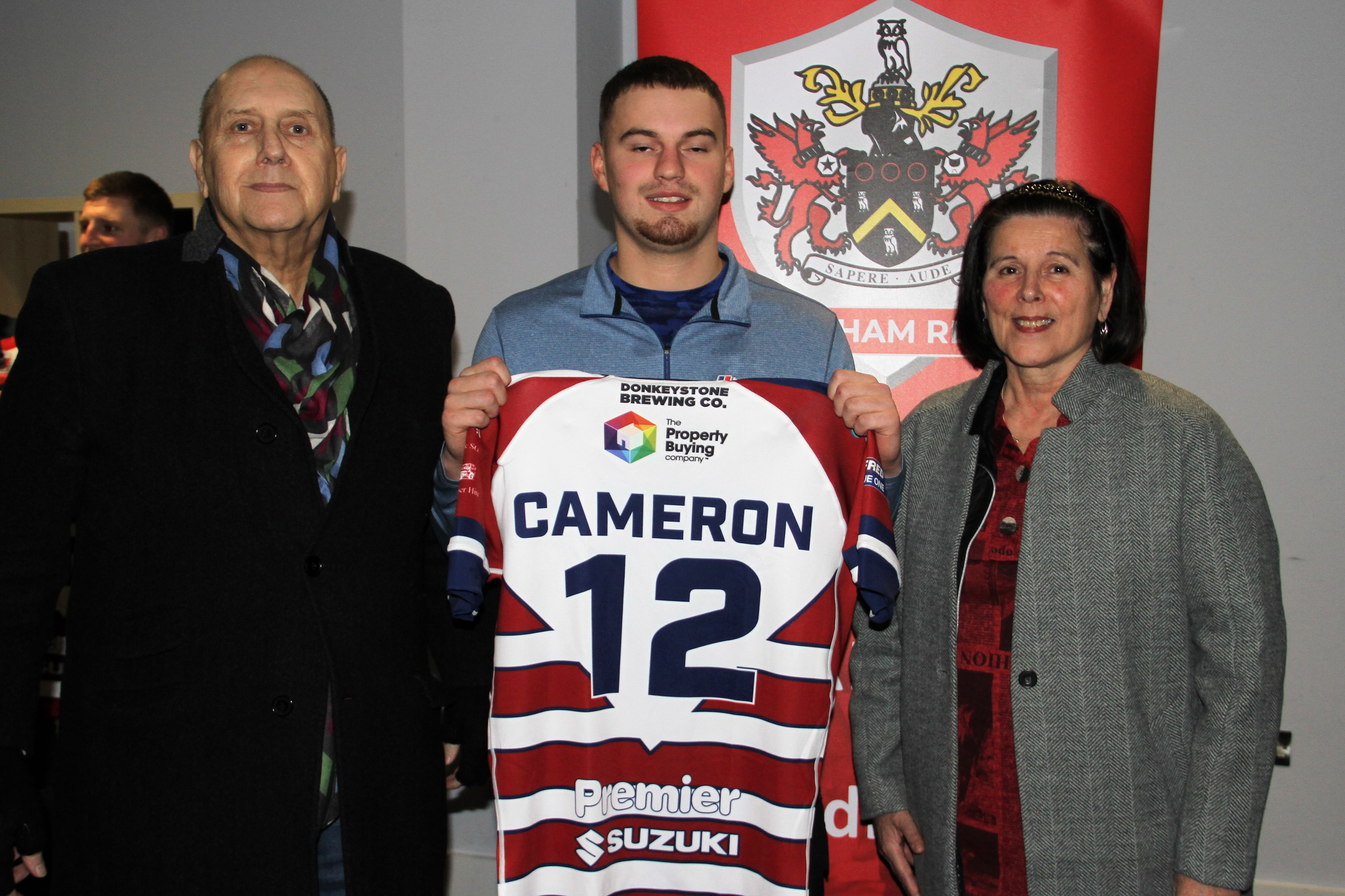 Adrian Alexander (left), our former prop who is now a club ambassador, with Councillor Ginny Alexander, his wife, and the young forward they are sponsoring, Callum Cameron.