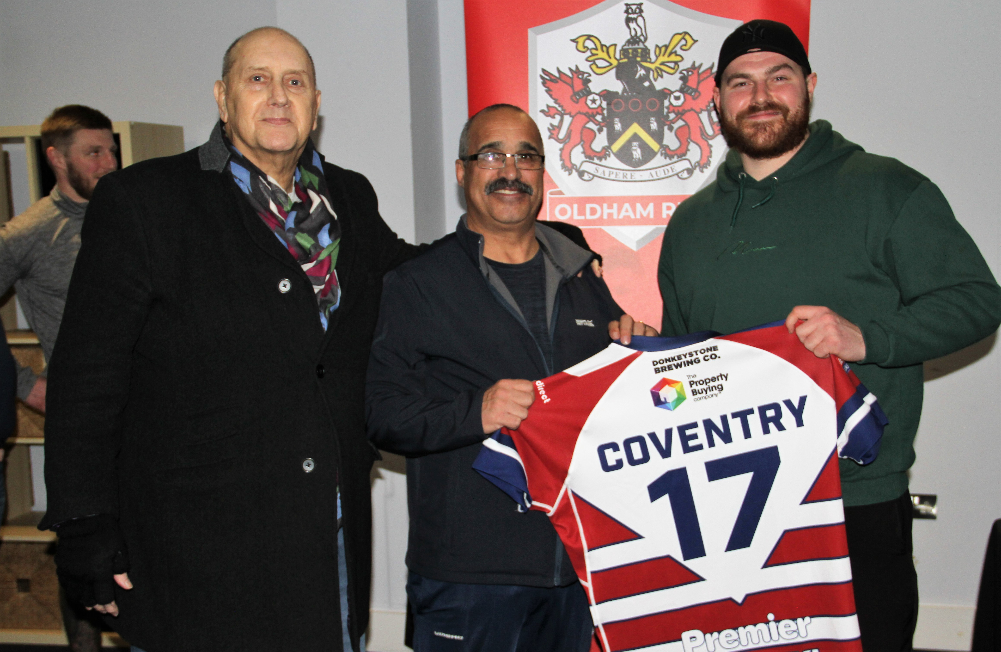 The (Past) Players&rsquo; Association have sponsored prop Jack Coventry (right), seen here with two former players who donned the jersey years ago; namely Adrian Alexander (left) and Joe Warburton, the Association&rsquo;s go&ndash;ahead secretary (centre).